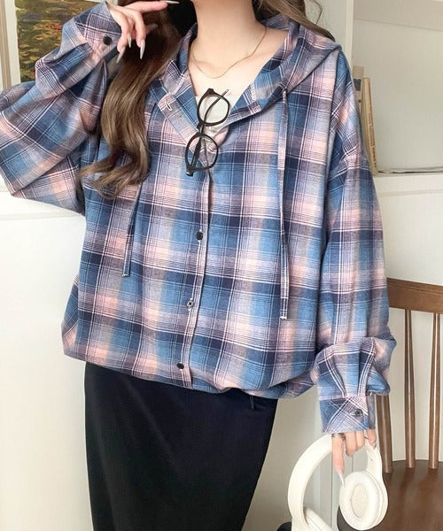 ゆるっと羽織ってかわいくキマる。”旬顔”  裾ドロスト微起毛チェック柄オーバーサイズシャツパーカー ce1010568