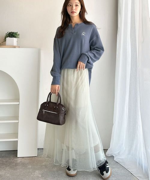 洒落感アップのこなれT。胸刺繍ワッフルオーバーサイズキーネックロンT（長袖） ce1260496