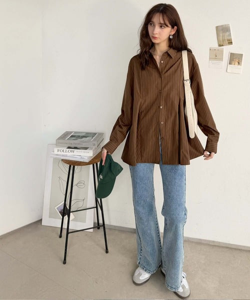 【イージーケア素材】ゆるっと、ひらっと、クセになる。フレアシルエットシャツ（ストライプ&無地） ce1025025