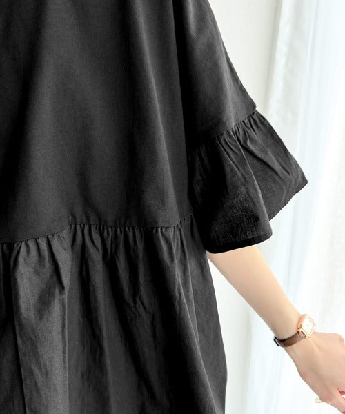 Tシャツより上品に、ブラウスより気軽に。綿100％前後2WAYシルケット加工布帛コンビリボンペプラムトップス(半袖) ce1260383