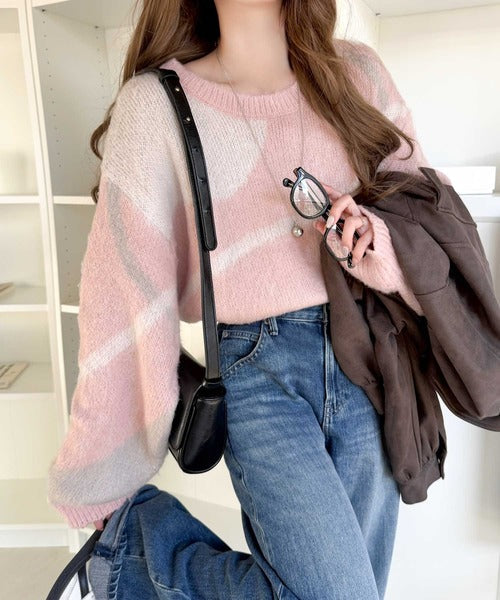 【mily bilet】きゅんモテニット♪柔らかな配色を、ふんわり軽やかに。ニュアンス柄短丈ニットプルオーバー mi1029208