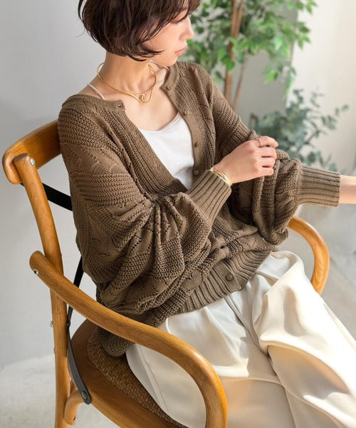 【Classical Evon】レトロな編み柄で華やぐ1枚。着回し抜群の 前後2way透かし編みニットカーディガン(長袖) ev1050375