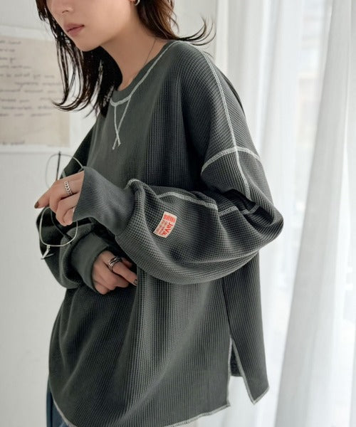 《JaVaジャバ 別注》シンプルなのに格上げ。2way配色ワッフルロンTee jv1260065
