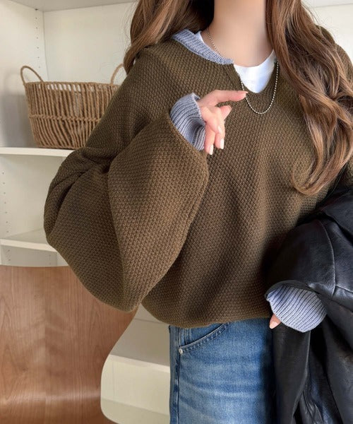 《JaVaジャバコラボ》ざっくり×配色が旬顔。配色スキッパーオーバーサイズ鹿の子編みニット（長袖） jv1410040