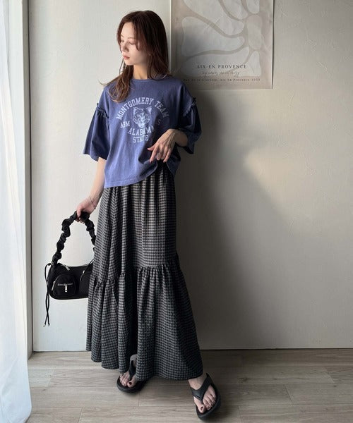 レディなヴィンテージスタイル。綿100％カレッジピグメント袖フリルTシャツ ce1020221