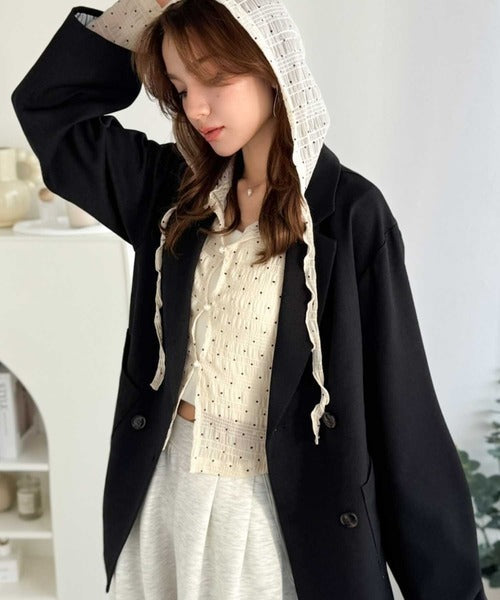 【mily bilet】カジュアルと清楚のドッキング。大人可愛い軽やかな一枚♪フード付き カーディガン風シアートップス mi1359046
