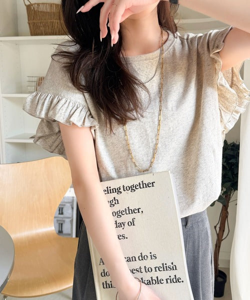 《JaVaジャバコラボ》着るだけで主役級。綿100％バック箔プリント袖フリルTシャツ（半袖） jv1330104