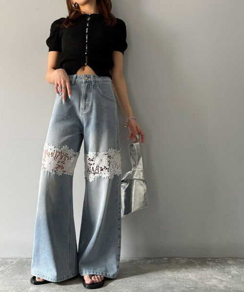 【mily bilet】特別な個性を持つオンリーワンの仕上がり！花柄レースワイドデニムパンツ mi1139076