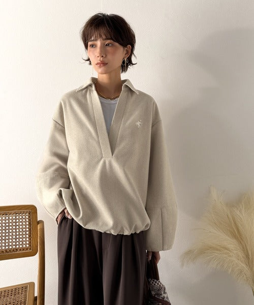 【Classical Evon】優しい温もり、上品見え。圧縮ニット襟付きキーネックプルオーバー ev1110143