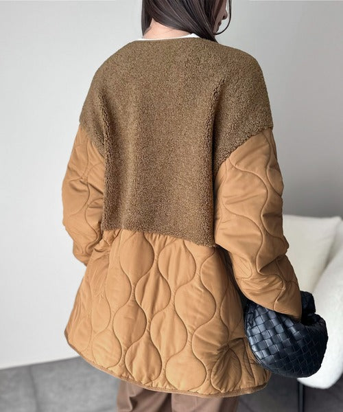 《JaVaジャバコラボ》軽くて暖かい、旬顔ボア切替♪ノーカラーひょうたんキルティングコート jv1240103