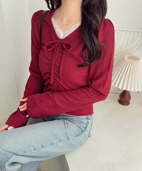 【mily bilet】レース×シャーリングで、甘さをひとさじ。レースドッキングパフスリーブジャガードトップス（長袖） mi1359080