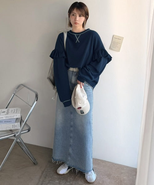 《JaVaジャバコラボ》カジュアル派さんにも推したい。袖フリルオーバーサイズ配色ステッチワッフルプルオーバー（長袖） jv1330117