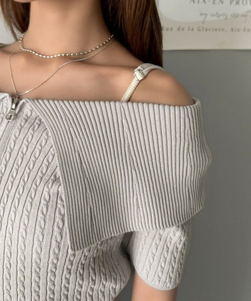【mily bilet】抜け感レディースタイル。ロゴ刺繍オフショル２WAYダブルジップケーブル柄サマーニット（半袖） mi1029121