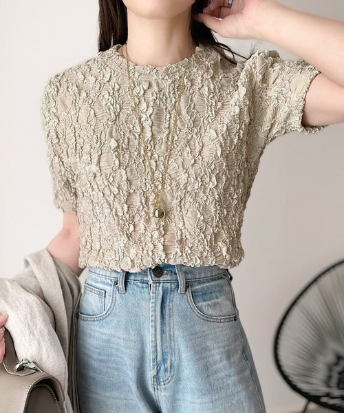 華やかな高級感を演出する。カットジャガード短丈Tシャツ（半袖） ce1050273