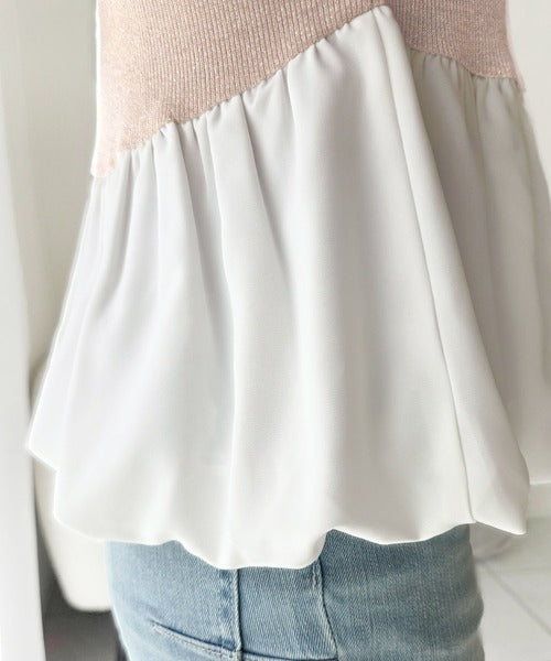 【mily bilet】きゅんとするシルエット。袖タックラメ混テレコリブ×異素材バルーントップス（半袖） mi1359056