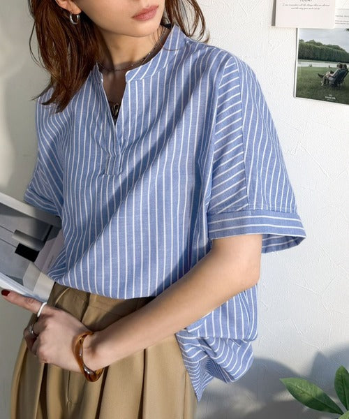 楽ちんな着心地×さらっとした肌触り。きれい見えも叶う一枚。リネン混バンドカラースキッパータックブラウス ce1265059