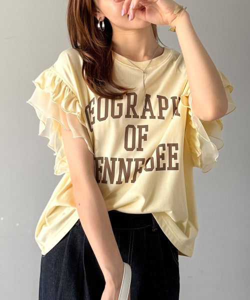 【mily bilet】可愛さふわり2倍増し！ ダブルフリル袖カレッジライクロゴゆるTシャツ mi1329036