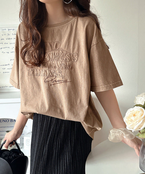 綿100%メンズライクヴィンテージウォッシュ☆前後2way刺繍ワイドネックTシャツ ce1260421