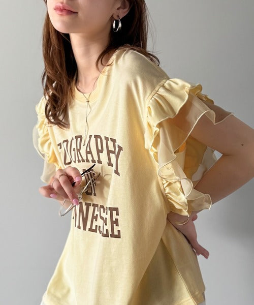 【mily bilet】可愛さふわり2倍増し！ ダブルフリル袖カレッジライクロゴゆるTシャツ mi1329036