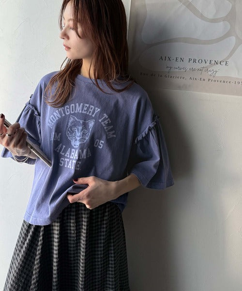 レディなヴィンテージスタイル。綿100％カレッジピグメント袖フリルTシャツ ce1020221