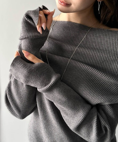 【mily bilet】立体的なシルエットが叶えるデコルテ魅せ♪指穴ドレープ使いファンオフショル２WAYリブニット mi1029137