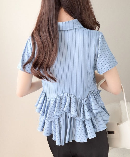 【mily bilet】360度どこから見ても可愛い！無地＆ストライプ襟付き裾ダブルフリルシャツ(半袖) mi1329096