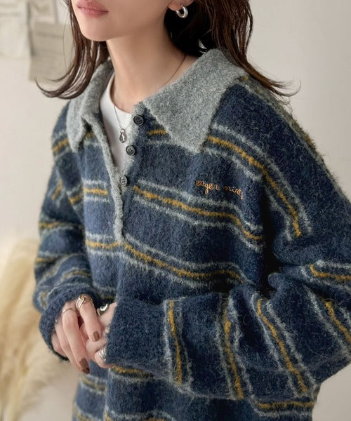 メンズライクに女子っぽさを。胸刺繍ブークレ配色ボーダーニットポロ（長袖） ce1240142