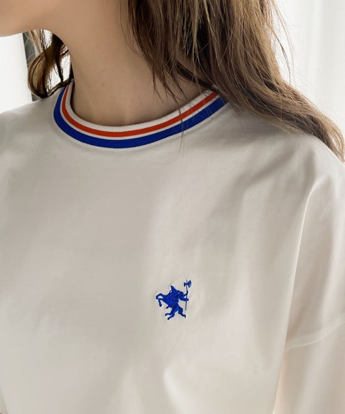 《JaVa ジャバコラボ》大人スポーティー。綿100%シルケット 配色刺繍Tシャツ jv1050074