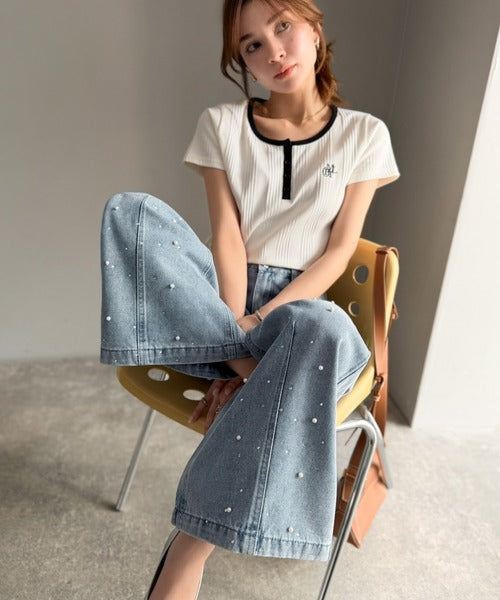 【mily bilet】カジュアルにきらめきを。パールビジューワイドストレートデニムパンツ mi1419001
