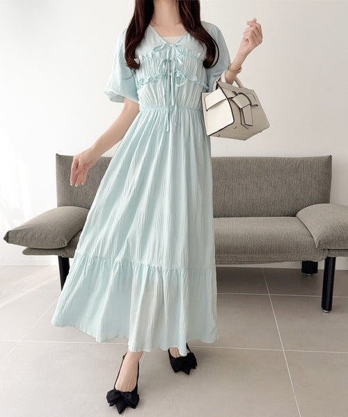 【mily bilet】1枚で華やぐ♪揺れ感シアーフリルリボンプリーツロングワンピース mi1019134