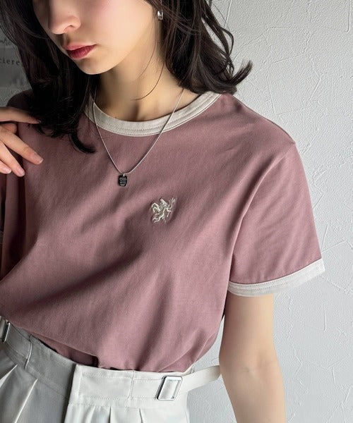 【sustaina+】デイリースタイルをアップデート。オーガニックコットン混 綿100％胸刺繍リンガーTシャツ ce1260400