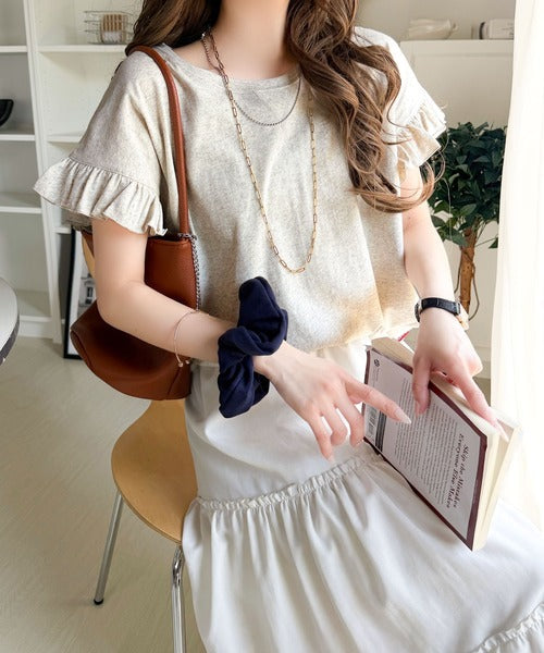 《JaVaジャバコラボ》着るだけで主役級。綿100％バック箔プリント袖フリルTシャツ（半袖） jv1330104