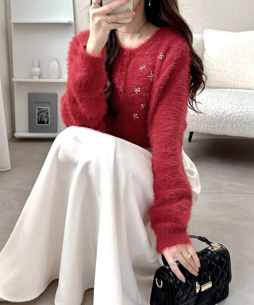 【mily bilet】ふわっと贅沢、きらめきビジューが映えるシャギーカーデ♪フェザーシャギーニットカーディガン mi1029133