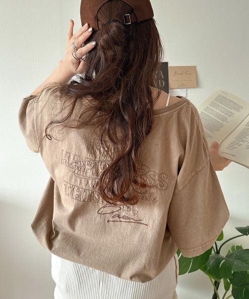 綿100%メンズライクヴィンテージウォッシュ☆前後2way刺繍ワイドネックTシャツ ce1260421