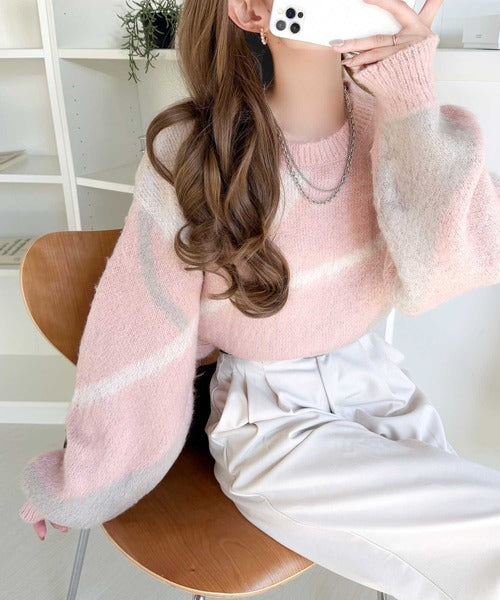 【mily bilet】きゅんモテニット♪柔らかな配色を、ふんわり軽やかに。ニュアンス柄短丈ニットプルオーバー mi1029208