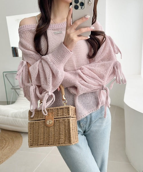 【mily bilet】大人のきらめき。プレートデザイン透かし編み袖リボンラメニット(ワンオフショル2way) mi1259009