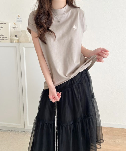 大人女子の上品ベーシック。綿100％シルケットモックネックフレンチTシャツ(刺繍) ce1260395