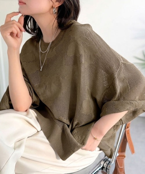 繊細な花柄編みで軽やかに魅せる♪ニュアンスフラワージャガードメッシュサマーニット ce1350014