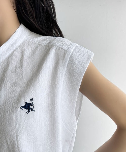 爽やかで品のある。サイドダブルリボンワンポイント刺繍サッカー素材フレンチスリーブトップス ce1260346