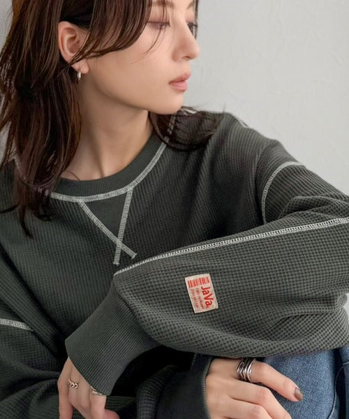 《JaVaジャバ 別注》シンプルなのに格上げ。2way配色ワッフルロンTee jv1260065