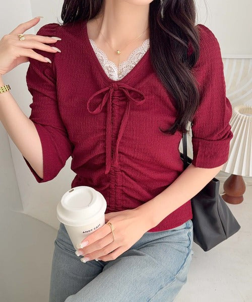 【mily bilet】レース×シャーリングで、甘さをひとさじ。レースドッキングパフスリーブジャガードトップス（長袖） mi1359080