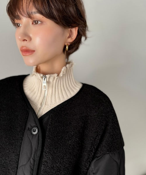 《JaVaジャバコラボ》軽くて暖かい、旬顔ボア切替♪ノーカラーひょうたんキルティングコート jv1240103
