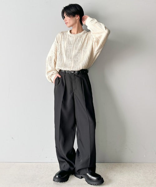 ゆるさとスタイリッシュを両立。オーバーサイズウェーブ柄ジャガード長袖Ｔシャツ cm1010428