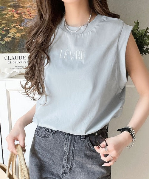 春夏コーデの主役！シルケット胸元刺繍サイド裾スリット入りノースリーブカットソー ce1020199