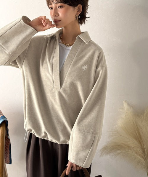 【Classical Evon】優しい温もり、上品見え。圧縮ニット襟付きキーネックプルオーバー ev1110143