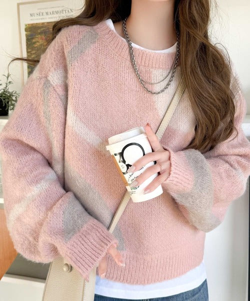 【mily bilet】きゅんモテニット♪柔らかな配色を、ふんわり軽やかに。ニュアンス柄短丈ニットプルオーバー mi1029208
