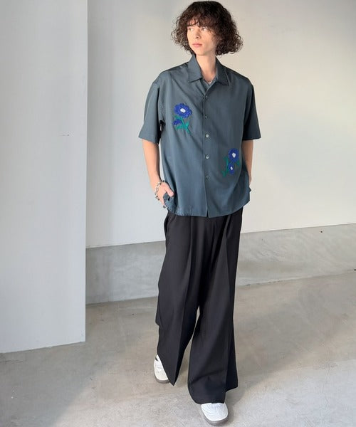 【接触冷感機能付き】サガラ刺繍フラワーステッチシャツ／Cool-Touch Fabric Sagara Embroidered Flower Stitch Shirt (半袖) co1320019