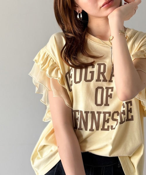 【mily bilet】可愛さふわり2倍増し！ ダブルフリル袖カレッジライクロゴゆるTシャツ mi1329036