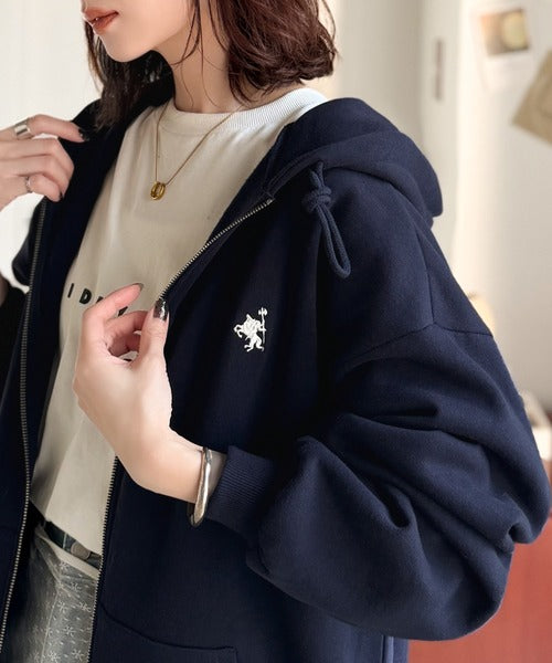 羽織って暖か、さらりと洒落感。胸元ワンポイント刺繍裏起毛ダブルジップパーカー（長袖） ce1260601