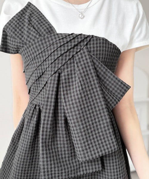 【mily bilet】忙しい朝も悩まない、初夏の一軍トップス。リボンビスチェドッキングTシャツ (半袖) mi1019145